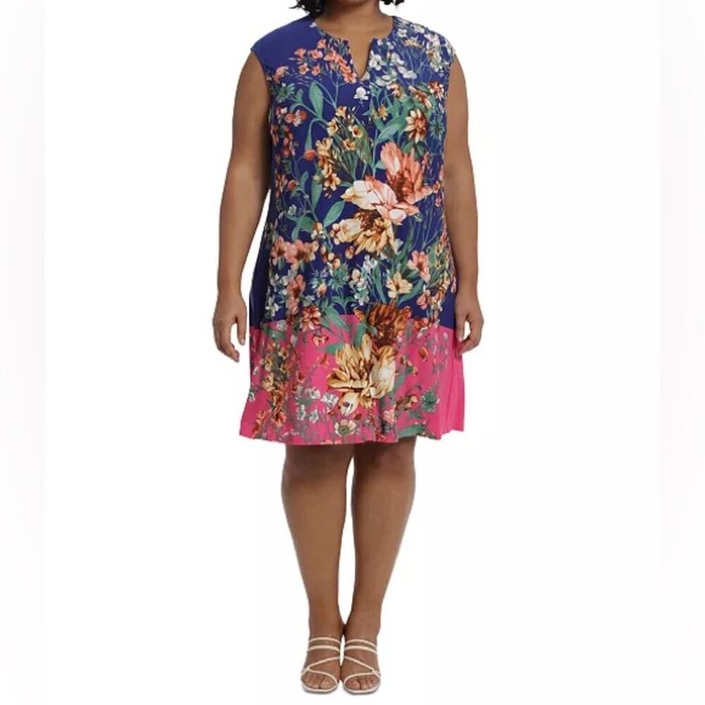London Times Plus Size Printed Split-Neck Shift Dress Royal/Pink Women’s Sz 2X